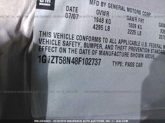 1G1ZT58N48F102737 - 2008 CHEVROLET MALIBU LT/CLASSIC GRAY photo 9