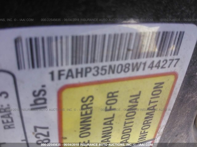 1FAHP35N08W144277 - 2008 FORD FOCUS SE/SEL/SES BLACK photo 9