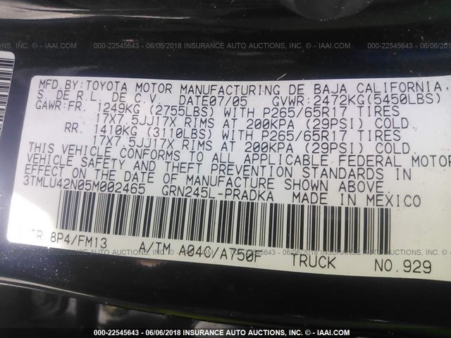 3TMLU42N05M002465 - 2005 TOYOTA TACOMA DOUBLE CAB ლურჯი ფოტო 9