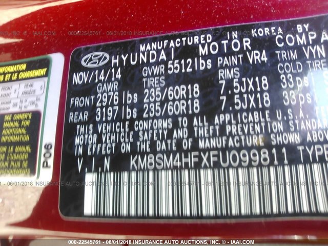 KM8SM4HFXFU099811 - 2015 HYUNDAI SANTA FE GLS RED photo 9