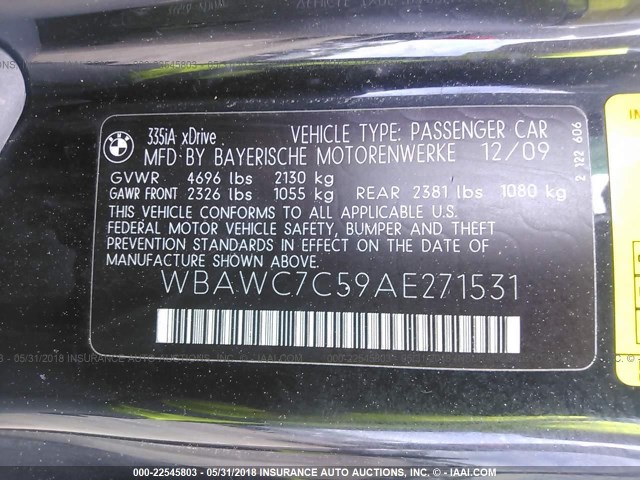 WBAWC7C59AE271531 - 2010 BMW 335 XI Սև լուսանկար 9