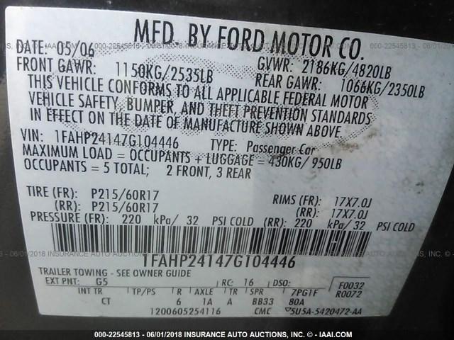 1FAHP24147G104446 - 2007 FORD FIVE HUNDRED SEL BLACK photo 9