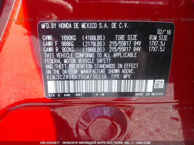 3CZRU6H35GM736236 - 2016 HONDA HR-V LX RED photo 9