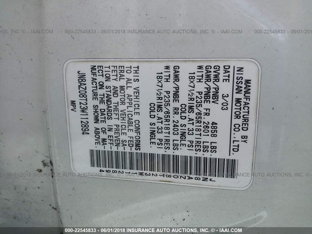 JN8AZ08T23W112894 - 2003 NISSAN MURANO SL/SE WHITE photo 9