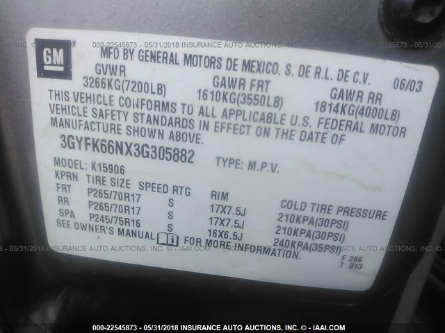 3GYFK66NX3G305882 - 2003 CADILLAC ESCALADE ESV GOLD photo 9