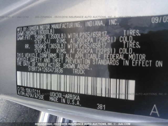 5TBRT34126S473836 - 2006 TOYOTA TUNDRA ACCESS CAB SR5 SILVER photo 9