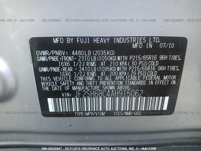 JF2SH6BC4AH915062 - 2010 SUBARU FORESTER XS SILVER photo 9