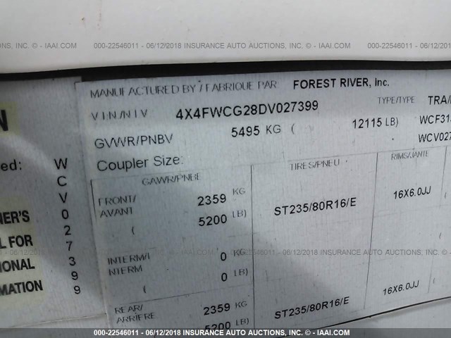 4X4FWCG28DV027399 - 2013 FOREST RIVER WILDCAT  未知 照片 9