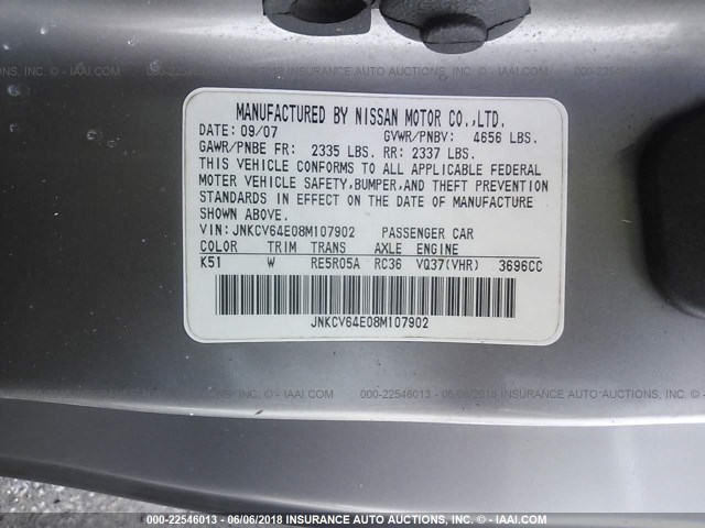 JNKCV64E08M107902 - 2008 INFINITI G37 JOURNEY/SPORT GRAY photo 9