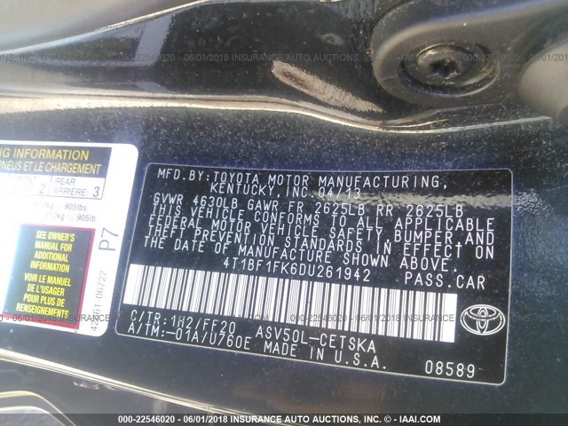 4T1BF1FK6DU261942 - 2013 TOYOTA CAMRY L/SE/LE/XLE 黑色 照片 9