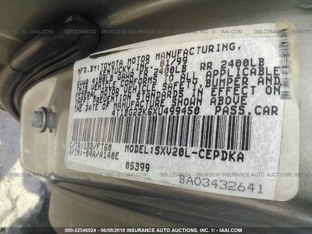 4T1BG22K6XU499450 - 1999 TOYOTA CAMRY CE/LE/XLE GOLD photo 9