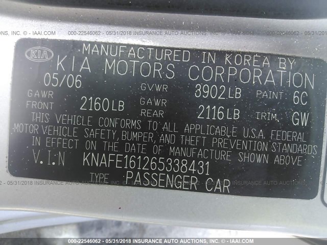 KNAFE161265338431 - 2006 KIA SPECTRA5 SILVER photo 9