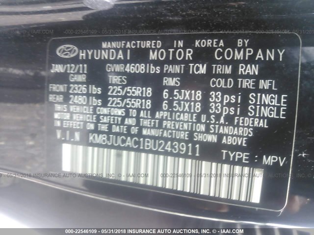 KM8JUCAC1BU243911 - 2011 HYUNDAI TUCSON GLS/LIMITED BLACK photo 9