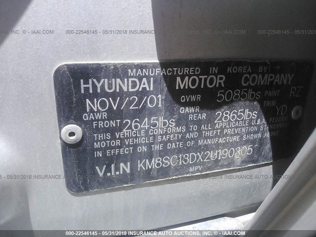 KM8SC13DX2U190305 - 2002 HYUNDAI SANTA FE GLS/LX SILVER photo 9