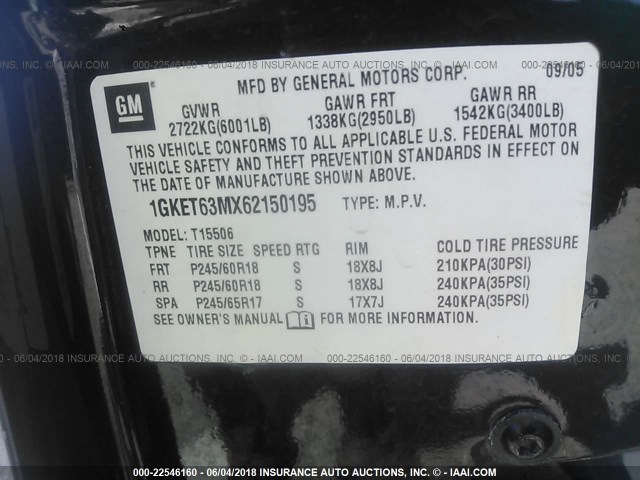 1GKET63MX62150195 - 2006 GMC ENVOY DENALI BLACK photo 9