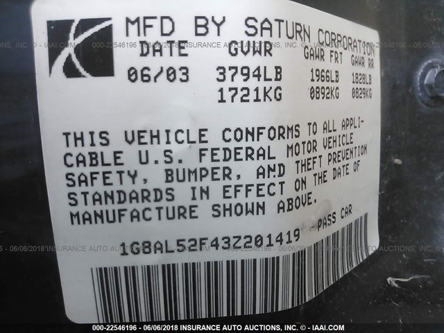 1G8AL52F43Z201419 - 2003 SATURN ION LEVEL 3 BLUE photo 9