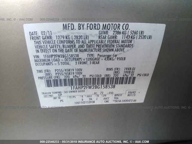 1FAHP2FW2BG158538 - 2011 FORD TAURUS LIMITED SILVER photo 9