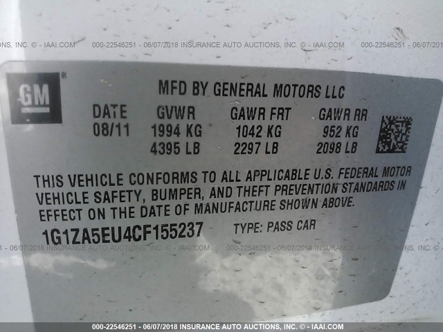 1G1ZA5EU4CF155237 - 2012 CHEVROLET MALIBU LS WHITE photo 9