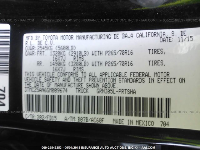 3TMCZ5AN6GM009674 - 2016 TOYOTA TACOMA DBL CAB/SR/SR5/TRD SPT/OR BLACK photo 9