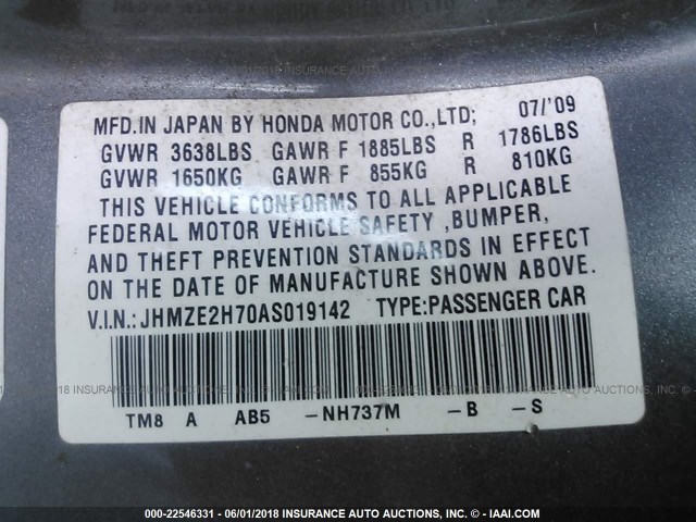 JHMZE2H70AS019142 - 2010 HONDA INSIGHT EX GRAY photo 9