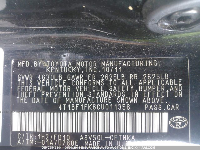 4T1BF1FK6CU011356 - 2012 TOYOTA CAMRY SE/LE/XLE 黑色 照片 9