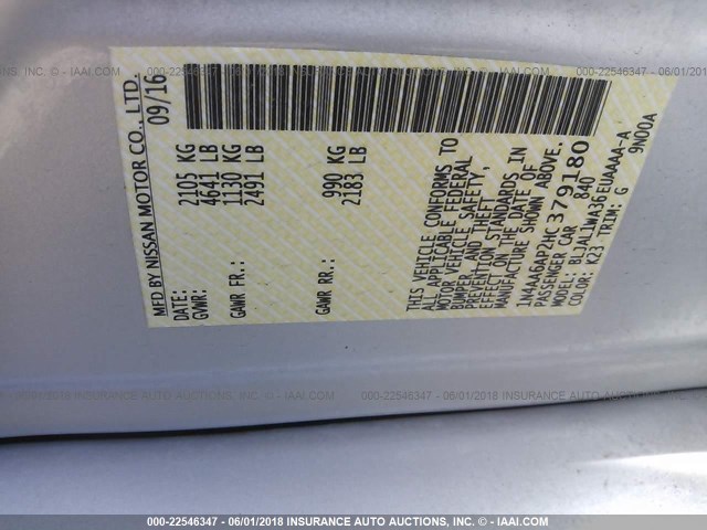 1N4AA6AP2HC379180 - 2017 NISSAN MAXIMA 3.5S/SV/SL/SR/PLAT SILVER photo 9