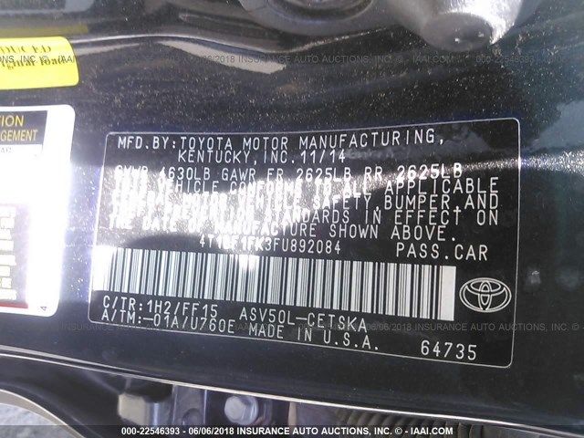 4T1BF1FK3FU892084 - 2015 TOYOTA CAMRY LE/XLE/SE/XSE 黑色 照片 9