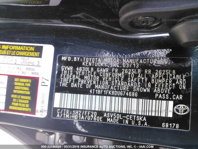 4T1BF1FK8DU674686 - 2013 TOYOTA CAMRY L/SE/LE/XLE BLACK photo 9