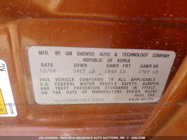 KL1TD56617B118624 - 2007 CHEVROLET AVEO LS ORANGE photo 9