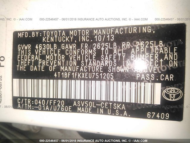 4T1BF1FKXEU751205 - 2014 TOYOTA CAMRY L/SE/LE/XLE 白色 照片 9