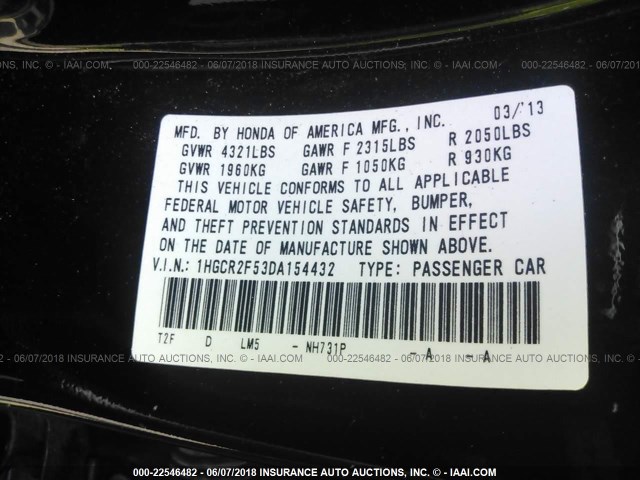 1HGCR2F53DA154432 - 2013 HONDA ACCORD SPORT 黑色 照片 9