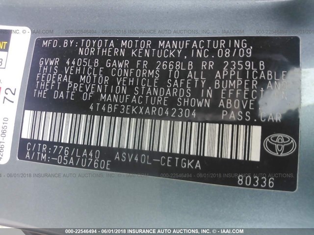 4T4BF3EKXAR042304 - 2010 TOYOTA CAMRY SE/LE/XLE 青色 照片 9