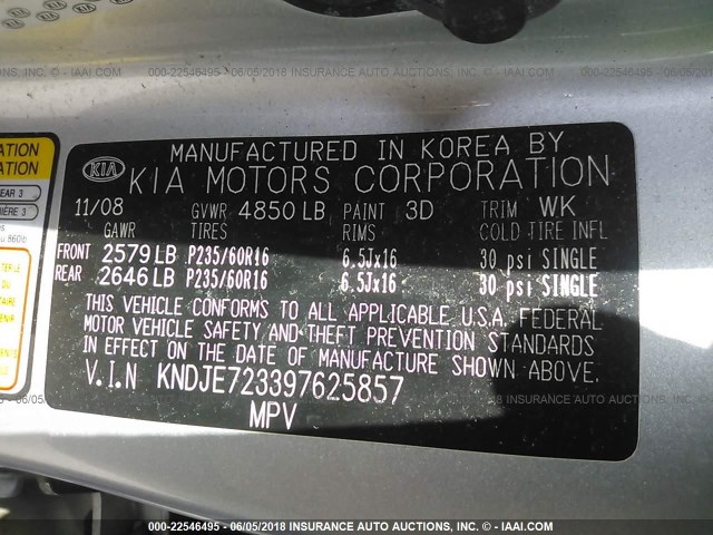 KNDJE723397625857 - 2009 KIA SPORTAGE LX/EX SILVER photo 9