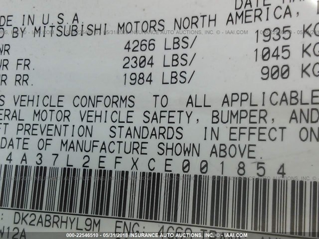 4A37L2EFXCE001854 - 2012 MITSUBISHI ECLIPSE SPYDER GS 白色 照片 9