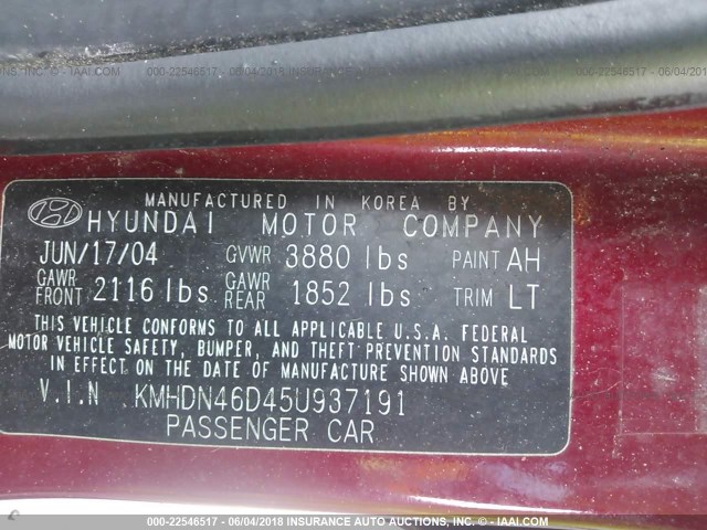 KMHDN46D45U937191 - 2005 HYUNDAI ELANTRA GLS/GT RED photo 9