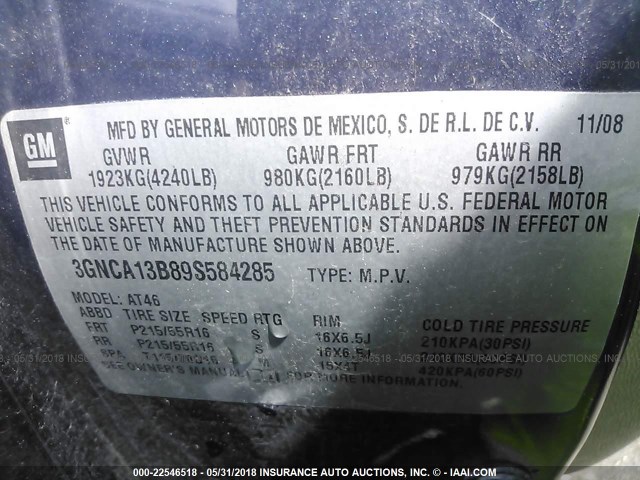 3GNCA13B89S584285 - 2009 CHEVROLET HHR LS Dark Blue photo 9