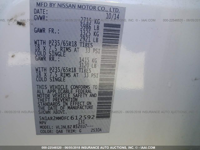 5N1AR2MM0FC612592 - 2015 NISSAN PATHFINDER S/SV/SL/PLATINUM 白色 照片 9