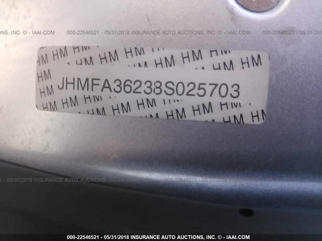 JHMFA36238S025703 - 2008 HONDA CIVIC HYBRID SILVER photo 9