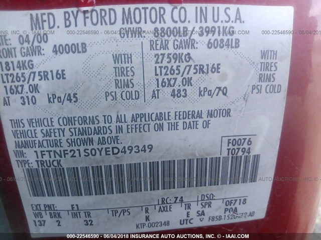 1FTNF21S0YED49349 - 2000 FORD F250 SUPER DUTY RED photo 8