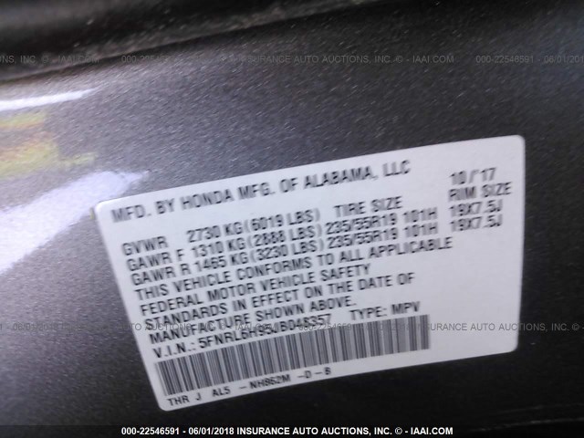 5FNRL6H95JB048357 - 2018 HONDA ODYSSEY ELITE Gris foto 9