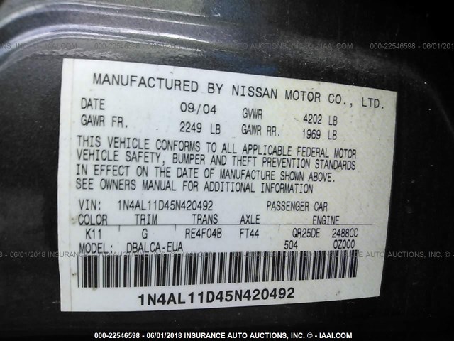 1N4AL11D45N420492 - 2005 NISSAN ALTIMA S/SL GRAY photo 9