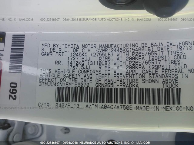 3TMJU4GN1EM159079 - 2014 TOYOTA TACOMA DOUBLE CAB PRERUNNER WHITE photo 9