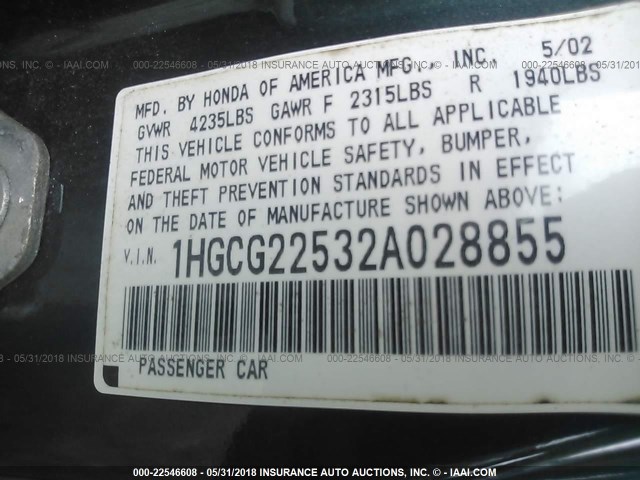 1HGCG22532A028855 - 2002 HONDA ACCORD EX GREEN photo 9