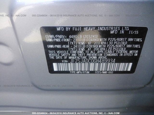 JF2SJADC0GH489934 - 2016 SUBARU FORESTER 2.5I PREMIUM SILVER photo 9