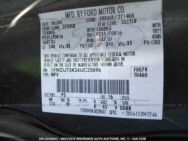 1FMZU73K34UC35696 - 2004 FORD EXPLORER XLT/XLT SPORT/NBX 青色 照片 9