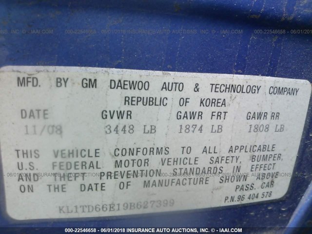 KL1TD66E19B627399 - 2009 CHEVROLET AVEO LS/LT 蓝色 照片 9