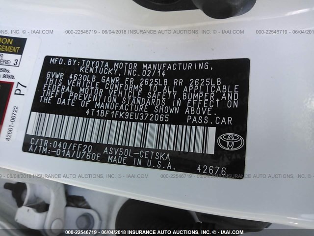 4T1BF1FK9EU372065 - 2014 TOYOTA CAMRY L/SE/LE/XLE თეთრი ფოტო 9