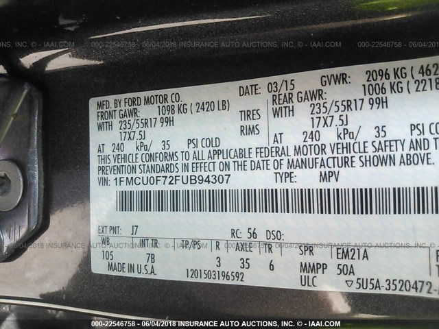 1FMCU0F72FUB94307 - 2015 FORD ESCAPE S GRAY photo 9