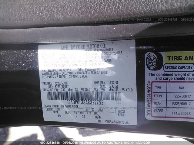 3FADP0L33AR322755 - 2010 FORD FUSION HYBRID BLACK photo 9