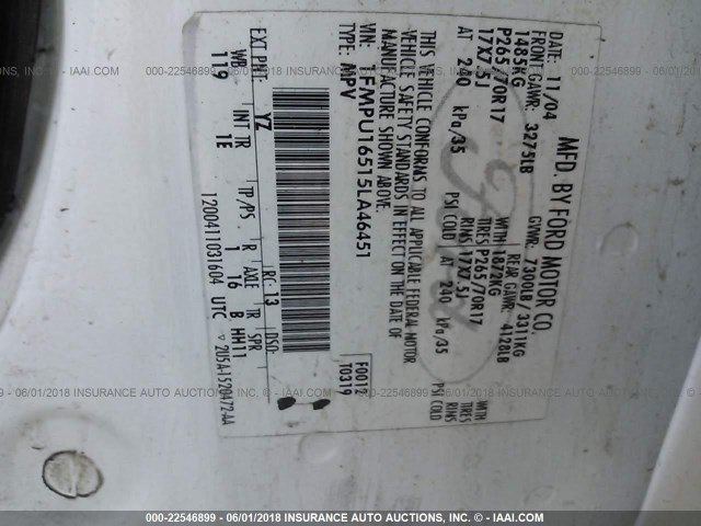 1FMPU16515LA46451 - 2005 FORD EXPEDITION XLT WHITE photo 9